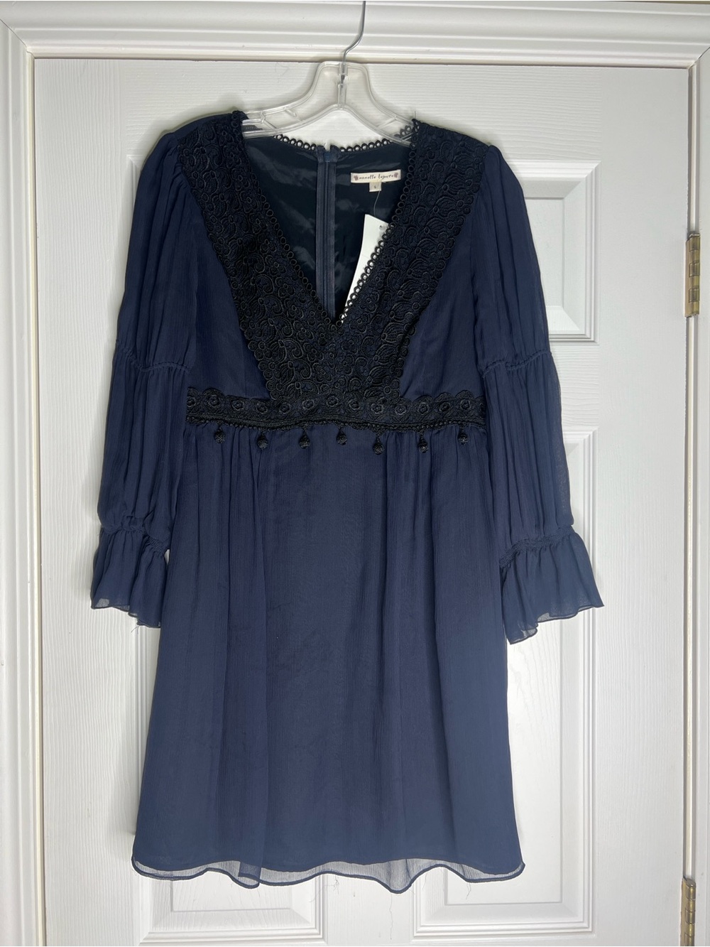 Nanette Lepore Navy V-Neck Mini Dress with Black Lace Trim